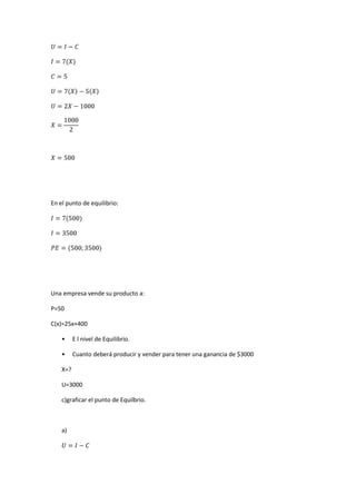 En el punto de equilibrio:
Una empresa vende su producto a:
P=50
C(x)=25x+400
• E l nivel de Equilibrio.
• Cuanto deberá producir y vender para tener una ganancia de $3000
X=?
U=3000
c)graficar el punto de Equilbrio.
a)
 