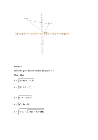 Ejercicio 5
Demuestre que la distancia entre los dos puntos es 6
R(1,y) s(4 ,1)
 