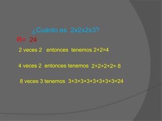 ¿Cuánto es 2x2x2x3?
R= 24
2 veces 2 entonces tenemos 2+2=4
4 veces 2 entonces tenemos
8 veces 3 tenemos 3+3+3+3+3+3+3+3=24
2+2+2+2= 8
 
