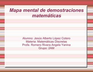 Mapa mental de demostraciones
matemáticas
Alumno: Jesús Alberto López Cotero
Materia: Matemáticas Discretas
Profa. Romero Rivera Angela Yanina
Grupo: 2AM
 