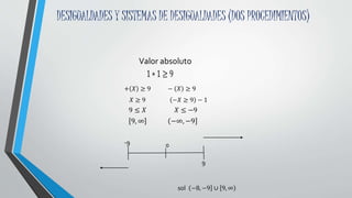 DESIGUALDADES Y SISTEMAS DE DESIGUALDADES (DOS PROCEDIMIENTOS)
Valor absoluto
1 ∗ 1 ≥ 9
+ 𝑋 ≥ 9 − 𝑋 ≥ 9
𝑋 ≥ 9 −𝑋 ≥ 9 − 1
9 ≤ 𝑋 𝑋 ≤ −9
0-9
9
9, ∞ −∞, −9
−8, −9 ∪ 9, ∞sol
 