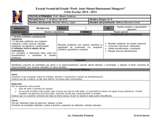 Escuela Normal del Estado “Profr. Jesús Manuel Bustamante Mungarro”
Ciclo Escolar 2014 - 2015
Lic. Educación Primaria Sexto Semestre
Asignatura: MATEMÁTICAS Bloque: V Eje:
Sentido numérico y pensamiento
algebraico
Libro de texto: Desafíos matemáticos Tema: Repaso general
Estándares curriculares: Aprendizajes esperados: Competencias que se favorecen:
1. Sentido numérico y pensamiento
algebraico
1.3. Resuelve problemas que impliquen
multiplicar o dividir números naturales
empleando los algoritmos convencionales
4. Actitudes hacia el estudio de las
matemáticas
4.4. Comparte e intercambia ideas sobre los
procedimientos y resultados al resolver
problemas.
Resuelve problemas que implican identificar la
regularidad de sucesiones con progresión
aritmética, geométrica o especial.
 Resolver problemas de manera autónoma
 Comunicar información matemática
 Validar procedimientos y resultados
 Manejar técnicas eficientemente
Propósitos:
Identifiquen conjuntos de cantidades que varían o no proporcionalmente, calculen valores faltantes y porcentajes, y apliquen el factor constante de
proporcionalidad (con números naturales) en casos sencillos.
Secuencia Didáctica:
Inicio:
Comentar lo que recuerdan sobre los múltiplos, divisores y secuencias a manera de retroalimentación.
Explicar que van a realizar un rally para reforzar los temas antes mencionados.
Desarrollo:
Dar las siguientes instrucciones:
 Salir del salón y formarse por equipos.
 Al escuchar el silbato todos podrán salir a buscar una hoja de color verde, la cual tendrá el número de equipo al que pertenecen. Cuando
resuelvan los ejercicios de la hoja verde, buscarán la hoja roja y posteriormente la amarilla.
Explicar que no se permite contestar dos hojas al mismo tiempo. El que no respete la regla queda descalificado.
Cierre:
Una vez realizados todos los ejercicios, regresan al aula.
Comentar los resultados obtenidos y pasar al pizarrón a presentar los diferentes métodos utilizados.
ESCUELAPRIMARIA: Profr. Alberto Gutiérrez
Periodo:Martes 17 de Marzo del 2015 Grado y Grupo: 6to B
Nombre del docente:Maricela Moreno López Nombre del practicante: Melissa Barreras Corral
 