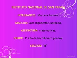 INSTITUTO NACIONAL DE SAN RAFAEL
INTEGRANTES: Marcela Somoza.
MAESTRA: Jose Rigoberto Guardado.
ASIGNATURA: matematicas.
GRADO: 1° año de bachillerato general.
SECCION: ‘‘B’’
 