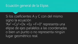 Ecuación general de la Elipse.
Si los coeficientes A y C con del mismo
signo la ecuación
“Ax2 +Cy2+Dx +Ey +F=0” representa una
elipse de ejes paralelos a las coordenadas
o bien un punto o no representa ningún
lugar geométrico real.
 