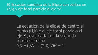 E) Ecuación canónica de la Elipse con vértice en
(h,k) y eje focal paralelo al eje “x”.
La ecuación de la elipse de centro el
punto (H,K) y el eje focal paralelo al
eje X , esta dada por la segunda
forma ordinaria
“(X-H)2/A2 + (Y-K)2/B2 = 1”
 