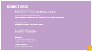 DIRECTORIO
Enrique Alfaro Ramírez
Gobernador Constitucional del Estado de Jalisco
Juan Carlos Flores Miramontes
Secretario de Educación del Gobierno del Estado de Jalisco
Pedro Diaz Arias
Subsecretario de Educción Básica
Álvaro Carrillo Ramírez
Director de nivel educativo
Autores:
Ernesto Morales Santana
Hugo Faustino Reyes Gómez
Diseño gráfico
Josué Gómez González
 