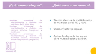 ¿Qué queremos lograr?
Resolver problemas de
multiplicación y división con
múltiplos de 10, 100 y 1000.
Resolver problemas de
multiplicación y división con
número enteros, fracciones y
decimales.
Resolver problemas de
multiplicación y división con
números enteros, fracciones y
decimales positivos y negativos.
¿Qué temas conoceremos?
● Técnica efectiva de multiplicación
de múltiplos de 10, 100 y 1000.
● Obtener factores escalar.
● Aplicar las leyes de los signos
para multiplicación y división.
 