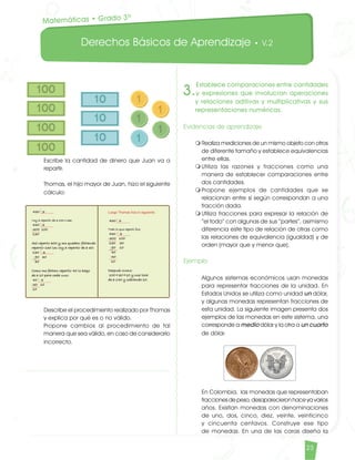 Derechos Básicos de Aprendizaje • V.2
23	
Escribe la cantidad de dinero que Juan va a
repartir.	
Thomas, el hijo mayor de Juan, hizo el siguiente
cálculo:	
Describe el procedimiento realizado por Thomas
y explica por qué es o no válido. 	
Propone cambios al procedimiento de tal
manera que sea válido, en caso de considerarlo
incorrecto.
Matemáticas • Grado 3º
3.
Establece comparaciones entre cantidades
y expresiones que involucran operaciones
y relaciones aditivas y multiplicativas y sus
representaciones numéricas.
Evidencias de aprendizaje
m	Realiza mediciones de un mismo objeto con otros
de diferente tamaño y establece equivalencias
entre ellas.
m	Utiliza las razones y fracciones como una
manera de establecer comparaciones entre
dos cantidades.
m	Propone ejemplos de cantidades que se
relacionan entre sí según correspondan a una
fracción dada.
m	Utiliza fracciones para expresar la relación de
“el todo” con algunas de sus “partes”, asimismo
diferencia este tipo de relación de otras como
las relaciones de equivalencia (igualdad) y de
orden (mayor que y menor que).	
Ejemplo	
Algunos sistemas económicos usan monedas
para representar fracciones de la unidad. En
Estados Unidos se utiliza como unidad un dólar,
y algunas monedas representan fracciones de
esta unidad. La siguiente imagen presenta dos
ejemplos de las monedas en este sistema, una
corresponde a medio dólar y la otra a un cuarto
de dólar.	
En Colombia, las monedas que representaban
fracciones de peso, desaparecieron hace ya varios
años. Existían monedas con denominaciones
de uno, dos, cinco, diez, veinte, veinticinco
y cincuenta centavos. Construye ese tipo
de monedas. En una de las caras diseña la
Matematicas DBA_Final.indd 23 12/10/16 3:38 p.m.
 