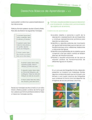 Derechos Básicos de Aprendizaje • V.2
26
que puedan construir los cuerpos basándose en
las indicaciones.	
Patricia y Román quisieron ayudar a David y María.
Para ello escribieron los siguientes mensajes:	
Revisa los mensajes escritos e indica si con ellos
David y María pueden construir de forma igual
los cuerpos que tenía la profesora sobre la mesa
y mejora los mensajes escritos.
7.
Formula y resuelve problemas que se relacionan
con la posición, la dirección y el movimiento
de objetos en el entorno.
Evidencias de aprendizaje
m	Localiza objetos o personas a partir de la
descripción o representación de una trayectoria
y construye representaciones pictóricas para
describir sus relaciones.
m	Identifica y describe patrones de movimiento
de figuras bidimensionales que se asocian con
transformaciones como: reflexiones, traslaciones
y rotaciones de figuras.
m	Identifica las propiedades de los objetos que se
conservan y las que varían cuando se realizan
este tipo de transformaciones.
m	Plantea y resuelve situaciones en las que se
requiere analizar las transformaciones de
diferentes figuras en el plano.	
Ejemplo	
En un concurso de fotografías Tomás y Alejandro
presentan un mosaico con mariposas. Escribe
algunas condiciones para que se incluyan una
tercera y una cuarta columna de fotografías
que conserven la forma como se disponen las
imágenes de las dos primeras columnas.
	
Matemáticas • Grado 3º
Matematicas DBA_Final.indd 26 12/10/16 3:38 p.m.
 