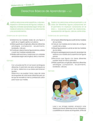 Derechos Básicos de Aprendizaje • V.2
39
4.
Justifica relaciones entre superficie y volumen,
respecto a dimensiones de figuras y sólidos, y
elige las unidades apropiadas según el tipo de
medición (directa e indirecta), los instrumentos
y los procedimientos.
Evidencias de aprendizaje
m	Determina las medidas reales de una figura a
partir de un registro gráfico (un plano).
m	Mide superficies y longitudes utilizando diferentes
estrategias (composición, recubrimiento,
bordeado, cálculo).
m	Construye y descompone figuras planas y sólidos
a partir de medidas establecidas.
m	Realiza estimaciones y mediciones con unidades
apropiadas según sea longitud, área o volumen.
Ejemplo
	 Con una piola de 50 cm se hacen rectángulos
diferentes. El perímetro de estos rectángulos es
el mismo, determina si sus áreas permanecen
iguales.
	 Determina si se pueden hacer cajas de caras
rectangulares de volúmenes diferentes pero en
las que se necesite la misma cantidad de cartón
para hacer sus moldes.
Matemáticas • Grado 5º
5.
Explica las relaciones entre el perímetro y el
área de diferentes figuras (variaciones en
el perímetro no implican variaciones en el
área y viceversa) a partir de mediciones,
superposición de figuras, cálculo, entre otras.
Evidencias de aprendizaje
m	Compara diferentes figuras a partir de las medidas
de sus lados.
m	Calcula las medidas de los lados de una figura
a partir de su área.
m	Dibuja figuras planas cuando se dan las medidas
de los lados.
m	Propone estrategias para la solución de problemas
relativos a la medida de la superficie de figuras
planas.
m	Reconoce que figuras con áreas diferentes
pueden tener el mismo perímetro.
m	Mide superficies y longitudes utilizando diferentes
estrategias (composición, recubrimiento,
bordeado, cálculo).
Ejemplo
	
	 Luisa y sus amigas quieren empacar unas
tarjetas que tienen diferentes formas (triángulos y
cuadriláteros) en sobres rectangulares. Antes de
Matematicas DBA_Final.indd 39 12/10/16 3:38 p.m.
 