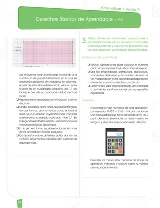 Derechos Básicos de Aprendizaje • V.2
54
	 Las imágenes están construidas recreando una
cuadrícula de papel milimetrado en la cual se
resaltan las divisiones en unidades y en décimas.
A partir de estos datos determina la relación entre
el área de un cuadradito pequeño (de 0.1 de
lado) y el área de un cuadrado unidad (de 1 de
lado).
q	Representa los resultados como fracción y como
decimal.
q	Escribe los valores de las áreas de estos rectángulos
de dos formas, una tomando como unidad el
área de un cuadrado cuyo lado mide 1 y la otra
el área de un cuadrado cuyo lado mide 0,1. En
la segunda escribe los valores usando fracciones
y representaciones decimales.
q	En la primera forma escribe el valor en términos
de la unidad de medida pequeña.
q	Compara los valores obtenidos por las dos formas
y ofrece argumentos variados para justificar las
equivalencias.
3.
Utiliza diferentes relaciones, operaciones y
representaciones en los números racionales
para argumentar y solucionar problemas en
los que aparecen cantidades desconocidas.
Evidencias de aprendizaje
m	Realiza operaciones para calcular el número
decimal que representa una fracción y viceversa.
m	Usa las propiedades distributiva, asociativa,
modulativa, del inverso y conmutativa de la suma
y la multiplicación en los racionales para proponer
diferentes caminos al realizar un cálculo.
m	Determina el valor desconocido de una cantidad
a partir de las transformaciones de una expresión
algebraica.
Ejemplo
	 Encuentra el valor numérico de una operación,
por ejemplo: 0,457 + 2,56 - 3,4 por medio de
una calculadora que tiene las teclas cinco (5) y
punto decimal (.) averiadas como se muestra en
la figura y describe el procedimiento utilizado.
	 Describe al menos dos maneras de hacer la
operación indicada y discute sobre la validez
de los procedimientos.
Matemáticas • Grado 7º
Matematicas DBA_Final.indd 54 12/10/16 3:38 p.m.
 
