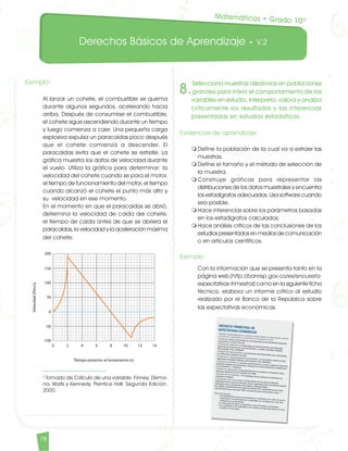 Derechos Básicos de Aprendizaje • V.2
78
Ejemplo2
	 Al lanzar un cohete, el combustible se quema
durante algunos segundos, acelerando hacia
arriba. Después de consumirse el combustible,
el cohete sigue ascendiendo durante un tiempo
y luego comienza a caer. Una pequeña carga
explosiva expulsa un paracaídas poco después
que el cohete comienza a descender. El
paracaídas evita que el cohete se estrelle. La
gráfica muestra los datos de velocidad durante
el vuelo. Utiliza la gráfica para determinar: la
velocidad del cohete cuando se para el motor,
el tiempo de funcionamiento del motor, el tiempo
cuando alcanzó el cohete el punto más alto y
su velocidad en ese momento.
	 En el momento en que el paracaídas se abrió,
determina la velocidad de caída del cohete,
el tiempo de caída antes de que se abriera el
paracaídas, la velocidad y la aceleración máxima
del cohete.
	 2
	Tomado de Cálculo de una variable. Finney, Dema-
na, Waits y Kennedy. Prentice Hall. Segunda Edición.
2000.
8.
Selecciona muestras aleatorias en poblaciones
grandes para inferir el comportamiento de las
variables en estudio. Interpreta, valora y analiza
críticamente los resultados y las inferencias
presentadas en estudios estadísticos.
Evidencias de aprendizaje
m	Define la población de la cual va a extraer las
muestras.
m	Define el tamaño y el método de selección de
la muestra.
m	Construye gráficas para representar las
distribuciones de los datos muestrales y encuentra
los estadígrafos adecuados. Usa software cuando
sea posible.
m	Hace inferencias sobre los parámetros basadas
en los estadígrafos calculados.
m	Hace análisis críticos de las conclusiones de los
estudios presentados en medios de comunicación
o en artículos científicos.
Ejemplo
	 Con la información que se presenta tanto en la
página web (http://banrep.gov.co/es/encuesta-
expectativas-trimestral) como en la siguiente ficha
técnica, elabora un informe crítico al estudio
realizado por el Banco de la República sobre
las expectativas económicas.
Matemáticas • Grado 10º
Matematicas DBA_Final.indd 78 12/10/16 3:39 p.m.
 