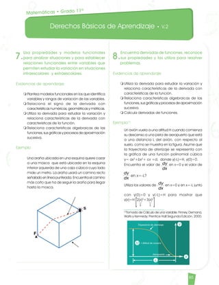Derechos Básicos de Aprendizaje • V.2
85
7.
Usa propiedades y modelos funcionales
para analizar situaciones y para establecer
relaciones funcionales entre variables que
permiten estudiar la variación en situaciones
intraescolares y extraescolares.
Evidencias de aprendizaje
m	Plantea modelos funcionales en los que identifica
variables y rangos de variación de las variables.
m	Relaciona el signo de la derivada con
características numéricas, geométricas y métricas.
m	Utiliza la derivada para estudiar la variación y
relaciona características de la derivada con
características de la función.
m	Relaciona características algebraicas de las
funciones, sus gráficas y procesos de aproximación
sucesiva.
Ejemplo	
Una araña ubicada en una esquina quiere cazar
a una mosca que está ubicada en la esquina
inferior izquierda de una caja cúbica cuyo lado
mide un metro. La araña usará un camino recto
señalado en línea punteada. Encuentra el camino
más corto que ha de seguir la araña para llegar
hasta la mosca.
Matemáticas • Grado 11º
dy
dx
dy
dx
8.
Encuentra derivadas de funciones, reconoce
sus propiedades y las utiliza para resolver
problemas.
Evidencias de aprendizaje
m	Utiliza la derivada para estudiar la variación y
relaciona características de la derivada con
características de la función.
m	Relaciona características algebraicas de las
funciones, sus gráficas y procesos de aproximación
sucesiva.
m	Calcula derivadas de funciones.
Ejemplo[1]	
Un avión vuela a una altitud H cuando comienza
su descenso a una pista de aeropuerto que está
a una distancia L del avión, con respecto al
suelo, como se muestra en la figura. Asume que
la trayectoria de aterrizaje se representa con
la gráfica de una función polinomial cúbica
y= ax3
+bx2
+ cx +d, donde y(-L)=H, y(0)=0. 	
Encuentra el valor de en x=0 y el valor de
d y en x=-L?
dx	
Utiliza los valores de en x=0 y en x=-L junto 	
con y(0)=0 y y(-L)=H para mostrar que
y(x)=H 2(x)3
+3(x)2
L L	
[1]
Tomado de Cálculo de una variable. Finney, Demana,
Waits y Kennedy. Prentice Hall Segunda Edición. 2000.
dy
en x=-L?
dx
Matematicas DBA_Final.indd 85 12/10/16 3:39 p.m.
 