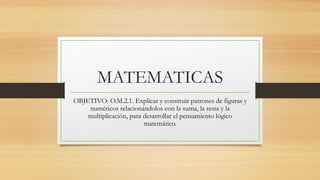 MATEMATICAS
OBJETIVO: O.M.2.1. Explicar y construir patrones de figuras y
numéricos relacionándolos con la suma, la resta y la
multiplicación, para desarrollar el pensamiento lógico
matemático.
 