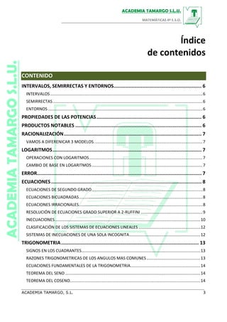 Índice
de contenidos
CONTENIDO
INTERVALOS, SEMIRRECTAS Y ENTORNOS.............................................................. 6
INTERVALOS .....................................................................................................................................6
SEMIRRECTAS...................................................................................................................................6
ENTORNOS .......................................................................................................................................6
PROPIEDADES DE LAS POTENCIAS.......................................................................... 6
PRODUCTOS NOTABLES ......................................................................................... 6
RACIONALIZACIÓN................................................................................................. 7
VAMOS A DIFERENICAR 3 MODELOS...............................................................................................7
LOGARITMOS......................................................................................................... 7
OPERACIONES CON LOGARITMOS...................................................................................................7
CAMBIO DE BASE EN LOGARITMOS.................................................................................................7
ERROR.................................................................................................................... 7
ECUACIONES.......................................................................................................... 8
ECUACIONES DE SEGUNDO GRADO.................................................................................................8
ECUACIONES BICUADRADAS............................................................................................................8
ECUACIONES IRRACIONALES............................................................................................................8
RESOLUCIÓN DE ECUACIONES GRADO SUPERIOR A 2-RUFFINI ......................................................9
INECUACIONES...............................................................................................................................10
CLASIFICACIÓN DE LOS SISTEMAS DE ECUACIONES LINEALES ......................................................12
SISTEMAS DE INECUACIONES DE UNA SOLA INCOGNITA..............................................................12
TRIGONOMETRIA................................................................................................. 13
SIGNOS EN LOS CUADRANTES........................................................................................................13
RAZONES TRIGONOMETRICAS DE LOS ANGULOS MAS COMUNES...............................................13
ECUACIONES FUNDAMENTALES DE LA TRIGONOMETRIA.............................................................14
TEOREMA DEL SENO ......................................................................................................................14
TEOREMA DEL COSENO..................................................................................................................14
 