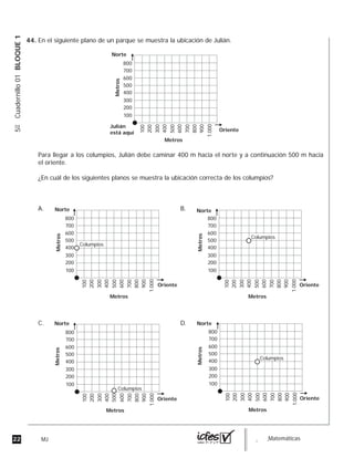 22 MJ guia_Matemáticas
5ºCuadernillo01BLOQUE1
En el siguiente plano de un parque se muestra la ubicación de Julián.
Para llegar a los columpios, Julián debe caminar 400 m hacia el norte y a continuación 500 m hacia
el oriente.
¿En cuál de los siguientes planos se muestra la ubicación correcta de los columpios?
100
Julián
está aquí
Metros
Norte
Oriente
Metros
100
200
300
400
500
600
700
800
900
1.000
200
300
400
500
600
700
800
A. B.
C. D.
100
Metros
Norte
Oriente
Metros
100
200
300
400
500
600
700
800
900
1.000
200
300
400
500
600
700
800
Columpios
100
Metros
Norte
Oriente
Metros
100
200
300
400
500
600
700
800
900
1.000
200
300
400
500
600
700
800
Columpios
100
Metros
Norte
Oriente
Metros
100
200
300
400
500
600
700
800
900
1.000
200
300
400
500
600
700
800
Columpios
100
Metros
Norte
Oriente
Metros
100
200
300
400
500
600
700
800
900
1.000
200
300
400
500
600
700
800
Columpios
44.
 