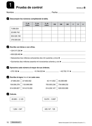 Material fotocopiable © 2015 Santillana Educación, S. L.
10 Matemáticas 6
1
Nombre Fecha
MODELO B
Prueba de control
1 	 Descompón los números completando la tabla.
C. de
millón
D. de
millón
U. de
millón
CM DM UM C D U
7.008.524
20.806.742
654.026.108
378.009.030
2 	 Escribe con letras o con cifras.
• 324.517.226 ► 
• 650.028.400 ► 
• Seiscientos tres millones ochocientos dos mil cuarenta y cinco ► 
• Quinientos diez millones sesenta mil novecientos ochenta y uno ► 
3 	 Aproxima cada número al mayor de sus órdenes.
• 375.190 ►   • 8.164.023 ►   • 42.702.111 ►
4 	 Escribe el signo . o , en cada caso.
  27.860.204 27.900.002	  45.111.002 45.099.989
136.006.278 135.999.999	 705.000.236 704.989.232
614.009.807 614.010.000	 614.236.147 620.003.089
5 	 Calcula.
28.989 1 3.125
              
16.874 2 9.987
1.264 3 947
               
426.147 : 126
 