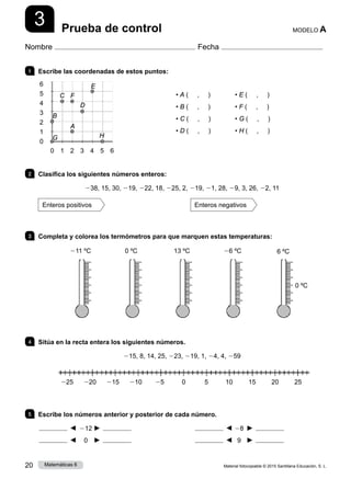 Material fotocopiable © 2015 Santillana Educación, S. L.
20 Matemáticas 6
3
Nombre Fecha
MODELO A
Prueba de control
1 	 Escribe las coordenadas de estos puntos:
• A ( , )	 • E ( , )
• B ( , ) 	 • F ( , )
• C ( , )	 • G ( , )
• D ( , )	 • H ( , )
2 	 Clasifica los siguientes números enteros:
238, 15, 30, 219, 222, 18, 225, 2, 219, 21, 28, 29, 3, 26, 22, 11
Enteros positivos Enteros negativos
3 	 Completa y colorea los termómetros para que marquen estas temperaturas:
0 ºC       0 ºC       0 ºC       0 ºC       0 ºC
4 	 Sitúa en la recta entera los siguientes números.
215, 8, 14, 25, 223, 219, 1, 24, 4, 259
5 	 Escribe los números anterior y posterior de cada número.
  	 212	   	   	 28	  
  	 0	   	   	 9	  
6
5
4
3
2
1
0
0 1 2 3 4 5 6
B
G
C F
D
A
E
H
225 220 215 210 25 0     5   10 15 20 25
211 ºC 0 ºC 13 ºC 26 ºC 6 ºC
 