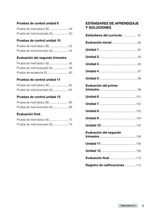 5
Matemáticas 6
Pruebas de control unidad 9
Prueba de nivel básico (B).........................48
Prueba de nivel avanzado (A).....................50
Pruebas de control unidad 10
Prueba de nivel básico (B).........................52
Prueba de nivel avanzado (A).....................54
Evaluación del segundo trimestre
Prueba de nivel básico (B).........................56
Prueba de nivel avanzado (A).....................58
Prueba de excelencia (E)...........................60
Pruebas de control unidad 11
Prueba de nivel básico (B).........................62
Prueba de nivel avanzado (A).....................64
Pruebas de control unidad 12
Prueba de nivel básico (B).........................66
Prueba de nivel avanzado (A).....................68
Evaluación final
Prueba de nivel básico (B).........................70
Prueba de nivel avanzado (A).....................75
ESTÁNDARES DE APRENDIZAJE
Y SOLUCIONES
Estándares del currículo..................  81
Evaluación inicial.................................90
Unidad 1.................................................92
Unidad 2.................................................94
Unidad 3.................................................95
Unidad 4.................................................97
Unidad 5.................................................98
Evaluación del primer
trimestre.................................................99
Unidad 6...............................................101
Unidad 7...............................................102
Unidad 8...............................................103
Unidad 9...............................................104
Unidad 10.............................................105
Evaluación del segundo
trimestre...............................................106
Unidad 11.............................................108
Unidad 12.............................................109
Evaluación final..................................110
Registro de calificaciones..............113
 