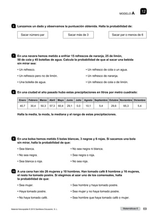 Material fotocopiable © 2015 Santillana Educación, S. L. 69
Matemáticas 6
12
MODELO A
6 	 Lanzamos un dado y observamos la puntuación obtenida. Halla la probabilidad de:
Sacar número par Sacar más de 3 Sacar par o menos de 6
7 	 En una nevera hemos metido a enfriar 15 refrescos de naranja, 25 de limón,
50 de cola y 45 botellas de agua. Calcula la probabilidad de que al sacar una bebida
sin mirar sea:
• Un refresco.
• Un refresco pero no de limón.
• Una botella de agua.
• Un refresco de cola o un agua.
• Un refresco de naranja.
• Un refresco de cola o de limón.
8 	 En una ciudad el año pasado hubo estas precipitaciones en litros por metro cuadrado:
Enero Febrero Marzo Abril Mayo Junio Julio Agosto Septiembre Octubre Noviembre Diciembre
40,7 30,4 50,3 57,3 60,4 29,1 0,0 10,1 5,4 29,6 65,3 5,4
Halla la media, la moda, la mediana y el rango de estas precipitaciones.
9 	 En una bolsa hemos metido 5 bolas blancas, 3 negras y 6 rojas. Si sacamos una bola
sin mirar, halla la probabilidad de que:
• Sea blanca.	 • No sea negra ni blanca.
• No sea negra.	 • Sea negra o roja.
• Sea blanca o roja.	 • No sea roja.
10 	 A una cena han ido 26 mujeres y 10 hombres. Han tomado café 8 hombres y 16 mujeres,
el resto ha tomado postre. Si elegimos al azar uno de los comensales, halla
la probabilidad de que:
• Sea mujer.	 • Sea hombre y haya tomado postre.
• Haya tomado postre.	 • Sea mujer y no haya tomado postre.
• No haya tomado café.	 • Sea hombre que haya tomado café o mujer.
 