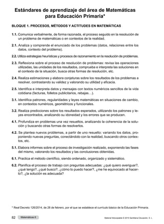 Material fotocopiable © 2015 Santillana Educación, S. L.
82 Matemáticas 6
BLOQUE 1. PROCESOS, MÉTODOS Y ACTITUDES EN MATEMÁTICAS
1.1. Comunica verbalmente, de forma razonada, el proceso seguido en la resolución de
un problema de matemáticas o en contextos de la realidad.
2.1. Analiza y comprende el enunciado de los problemas (datos, relaciones entre los
datos, contexto del problema).
2.2. Utiliza estrategias heurísticas y procesos de razonamiento en la resolución de problemas.
2.3. Reflexiona sobre el proceso de resolución de problemas: revisa las operaciones
utilizadas, las unidades de los resultados, comprueba e interpreta las soluciones en
el contexto de la situación, busca otras formas de resolución, etc.
2.4. Realiza estimaciones y elabora conjeturas sobre los resultados de los problemas a
resolver, contrastando su validez y valorando su utilidad y eficacia.
2.5. Identifica e interpreta datos y mensajes con textos numéricos sencillos de la vida
cotidiana (facturas, folletos publicitarios, rebajas…).
3.1. Identifica patrones, regularidades y leyes matemáticas en situaciones de cambio,
en contextos numéricos, geométricos y funcionales.
3.2. Realiza predicciones sobre los resultados esperados, utilizando los patrones y le­
yes encontrados, analizando su idoneidad y los errores que se producen.
4.1. Profundiza en problemas una vez resueltos, analizando la coherencia de la solu­
ción y buscando otras formas de resolverlos.
4.2. Se plantea nuevos problemas, a partir de uno resuelto: variando los datos, pro­
poniendo nuevas preguntas, conectándolo con la realidad, buscando otros contex­
tos, etc.
5.1. Elabora informes sobre el proceso de investigación realizado, exponiendo las fases
del mismo, valorando los resultados y las conclusiones obtenidas.
6.1. Practica el método científico, siendo ordenado, organizado y sistemático.
6.2. Planifica el proceso de trabajo con preguntas adecuadas: ¿qué quiero averiguar?,
¿qué tengo?, ¿qué busco?, ¿cómo lo puedo hacer?, ¿me he equivocado al hacer­
lo?, ¿la solución es adecuada?
Estándares de aprendizaje del área de Matemáticas
para Educación Primaria*
* Real Decreto 126/2014, de 28 de febrero, por el que se establece el currículo básico de la Educación Primaria.
 