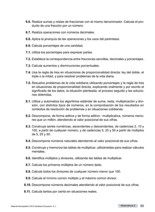 Material fotocopiable © 2015 Santillana Educación, S. L. 85
Matemáticas 6
6.6.	Realiza sumas y restas de fracciones con el mismo denominador. Calcula el pro­
ducto de una fracción por un número.
6.7.	Realiza operaciones con números decimales.
6.8.	Aplica la jerarquía de las operaciones y los usos del paréntesis.
6.9.	Calcula porcentajes de una cantidad.
7.1.	Utiliza los porcentajes para expresar partes.
7.2.	Establece la correspondencia entre fracciones sencillas, decimales y porcentajes.
7.3.	Calcula aumentos y disminuciones porcentuales.
7.4.	Usa la regla de tres en situaciones de proporcionalidad directa: ley del doble, el
triple o la mitad, y para resolver problemas de la vida diaria.
7.5.	Resuelve problemas de la vida cotidiana utilizando porcentajes y la regla de tres
en situaciones de proporcionalidad directa, explicando oralmente y por escrito el
significado de los datos, la situación planteada, el proceso seguido y las solucio­
nes obtenidas.
8.1.	Utiliza y automatiza los algoritmos estándar de suma, resta, multiplicación y divi­
sión, con distintos tipos de números, en la comprobación de los resultados en
contextos de resolución de problemas y en situaciones cotidianas.
8.2.	Descompone, de forma aditiva y de forma aditivo2multiplicativa, números meno­
res que un millón, atendiendo al valor posicional de sus cifras.
8.3.	Construye series numéricas, ascendentes y descendentes, de cadencias 2, 10 y
100, a partir de cualquier número, y de cadencias 5, 25 y 50 a partir de múltiplos
de 5, 25 y 50.
8.4. Descompone números naturales atendiendo al valor posicional de sus cifras.
8.5. 	
Construye y memoriza las tablas de multiplicar, utilizándolas para realizar cálculos
mentales.
8.6.	Identifica múltiplos y divisores, utilizando las tablas de multiplicar.
8.7.	Calcula los primeros múltiplos de un número dado.
8.8.	Calcula todos los divisores de cualquier número menor que 100.
8.9.	Calcula el mínimo común múltiplo y el máximo común divisor.
8.10.	Descompone números decimales atendiendo al valor posicional de sus cifras.
8.11.	Calcula tantos por ciento en situaciones reales.
 