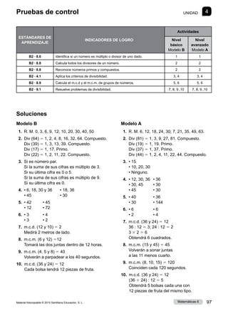 Material fotocopiable © 2015 Santillana Educación, S. L. 97
Matemáticas 6
Soluciones
Modelo B
 1. R. M. 0, 3, 6, 9, 12; 10, 20, 30, 40, 50
 2. 
Div (64) 5 1, 2, 4, 8, 16, 32, 64. Compuesto.
Div (39) 5 1, 3, 13, 39. Compuesto.
Div (17) 5 1, 17. Primo.
Div (22) 5 1, 2, 11, 22. Compuesto.
 3. Si es número par.
Si la suma de sus cifras es múltiplo de 3.
Si su última cifra es 0 o 5.
Si la suma de sus cifras es múltiplo de 9.
Si su última cifra es 0.
 4. • 
6, 18, 30 y 36	 • 
18, 36
• 
45	 • 
30
 5. • 
42	 • 45
• 12	 • 
72
 6. • 
3	 • 
4
• 
3	 • 
2
 7. 
m.c.d. (12 y 10) 5 2
Medirá 2 metros de lado.
 8. 
m.c.m. (6 y 12) 512
Tomará las dos juntas dentro de 12 horas.
 9. 
m.c.m. (4, 5 y 8) 5 40
Volverán a parpadear a los 40 segundos.
10. 
m.c.d. (36 y 24) 5 12
Cada bolsa tendrá 12 piezas de fruta.
Modelo A
 1. 
R. M. 6, 12, 18, 24, 30; 7, 21, 35, 49, 63.
 2. 
Div (81) 5 1, 3, 9, 27, 81. Compuesto.
Div (19) 5 1, 19. Primo.
Div (37) 5 1, 37. Primo.
Div (44) 5 1, 2, 4, 11, 22, 44. Compuesto.
 3. 
• 
15   
• 
10, 20, 30
• 
Ninguno.
 4. 
• 
12, 30, 36	 • 
36
• 
30, 45	 • 
30
• 
45	 • 
30
 5. 
• 
40	 • 
36
• 
30	 • 
144
 6. 
• 
6	 • 
6
• 
2	 • 
4
 7. 
m.c.d. (36 y 24) 5 12
36 : 12 5 3; 24 : 12 5 2
3 3 2 5 6
Obtendrá 6 cuadrados.
 8. 
m.c.m. (15 y 45) 5 45
Volverán a sonar juntas
a las 11 menos cuarto.
 9. 
m.c.m. (8, 10, 15) 5 120
Coinciden cada 120 segundos.
10. 
m.c.d. (36 y 24) 5 12
(36 1 24) : 12 5 5
Obtendrá 5 bolsas cada una con
12 piezas de fruta del mismo tipo.
1
Pruebas de control UNIDAD 4
ESTÁNDARES DE
APRENDIZAJE
INDICADORES DE LOGRO
Actividades
Nivel
básico
Modelo B
Nivel
avanzado
Modelo A
B228.6 Identifica si un número es múltiplo o divisor de uno dado. 1 1
B228.8 Calcula todos los divisores de un número. 2 2
B228.8 Reconoce números primos y compuestos. 2 2
B224.1 Aplica los criterios de divisibilidad. 3, 4 3, 4
B228.9 Calcula el m.c.d y el m.c.m. de grupos de números. 5, 6 5, 6
B229.1 Resuelve problemas de divisibilidad. 7, 8, 9 ,10 7, 8, 9 ,10
 