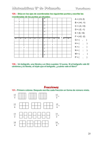 Matemáticas 6º de Primaria                                                           Vacaciones
                                                                                     Vacaciones
129.- Sitúa en los ejes de coordenadas los siguientes puntos y escribe las
coordenadas de los puntos ya situados:
                                 +6
                                                                 A = (+3, 2)
        N                                    +5
                                                                                     B = (+4, -1)
                                             +4
                                                                                     C = (-3, +3)
                                             +3
                                                                                     D = (-2, -1)
                                             +2        G
                                                                                     E = (0, +4)
                                             +1

                                                                       M
                                                                                     F = (+2, -2)
   -6       -5       -4   -3   -2       -1   0    +1       +2     +3       +4   +5
                                                                                     G=(     ,       )
                                             -1

                                                       H
                                                                                     H=(      ,      )
                                             -2

                 P                                                                   K=(      ,      )
                                             -3

                                             -4
                                                                                     N=(      ;      )
                                    K        -5
                                                                                     M=(         ,   )
                                                                                     P=(      ,      )


130.- Un bolígrafo, una libreta y un libro cuestan 12 euros. Si el bolígrafo vale 62
céntimos y la libreta, el triple que el bolígrafo, ¿cuánto vale el libro?




                                             Fracciones
131.- Primero colorea. Después escribe cada fracción en forma de número mixto.

 12                                                             12
                                                                   =
  5                                                              5


 15                                                             15
                                                                   =
  6                                                              6


 13                                                             13
                                                                   =
  2                                                              2

 14                                                             14
                                                                   =
  4                                                              4



                                                                                                         25
 