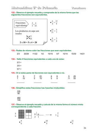 Matemáticas 6º de Primaria                                                           Vacaciones
                                                                                     Vacaciones
132.- Observa el ejemplo resuelto y comprueba de la misma forma que las
siguientes fracciones son equivalentes.


                                                            6 12
    Fracciones                   2 4                          =
                                  =                         4   8
    equivalentes                 5 10

                                                        15 5
    Los productos en aspa son                             =
                                                        21 7
    iguales
                        2    4
                        5   10                           9   3
                                                           =
                                                        12 4
              2 x 10 = 5 x 4 = 20


133.- Rodea de mismo color las fracciones que sean equivalentes:
        2/3         20/28        11/22    1/2        10/15      5/7     10/14        15/30   14/21

134.- Halla 4 fracciones equivalentes a cada una de estas:
        2/3 =
        3/5 =
        5/7 =

135.- Di si estos pares de facciones son equivalentes o no.
        3           6             7      21             4       8                5     25
        7          15             5      15             5       9               11     55
        _______                   _______               ______                  _______


136.- Simplifica estas fracciones has hacerlas irreducibles:
        135
         90

        460
        148

137.- Observa el ejemplo resuelto y calcula de la misma forma el número mixto
correspondiente a cada fracción.


    8                                                               2
                                   8 6                         16
    6                              2 1
               9                                10                                   11
               6                                 6                                    6

                                                                                                 26
 
