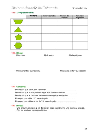 Matemáticas 6º de Primaria                                                             Vacaciones
                                                                                       Vacaciones
192.- Completa la tabla:
                          NOMBRE            Número de lados           Número de              Número de
                                                                       vértices              diagonales




193.- Dibuja:
      Un rombo                                 Un trapecio                         Un heptágono




       Un segmento y su mediatriz                                     Un ángulo recto y su bisectriz




194.- Completa:
    Dos rectas que se cruzan se llaman........................................................
    Dos rectas que nunca pueden llegar a cruzarse se llaman......................
    Dos rectas que al cruzarse forman cuatro ángulos rectos son.................
     El ángulo que mida 137º es un ángulo.............................. ......................
     El ángulo que mida menos de 75º es un ángulo......................................

195.- Dibuja:
      Una circunferencia de 2 cm de radio y traza su diámetro, una cuerda y un arco.
      Pon los nombres correspondientes.




                                                                                                          37
 