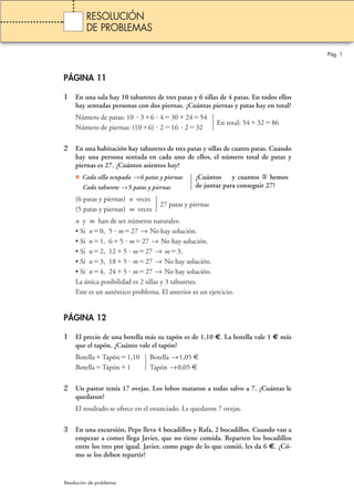 PÁGINA 11 
1 En una sala hay 10 taburetes de tres patas y 6 sillas de 4 patas. En todos ellos 
hay sentadas personas con dos piernas. ¿Cuántas piernas y patas hay en total? 
Número de patas: 10  36  4302454 
En total: 543286 
Número de piernas: (106)  216  232 
2 En una habitación hay taburetes de tres patas y sillas de cuatro patas. Cuando 
hay una persona sentada en cada uno de ellos, el número total de patas y 
piernas es 27. ¿Cuántos asientos hay? 
 Cada silla ocupada →6 patas y piernas 
Cada taburete →5 patas y piernas 
(6 patas y piernas) n veces 
27 patas y piernas 
(5 patas y piernas) m veces 
n y m han de ser números naturales: 
• Si n0, 5  m27 → No hay solución. 
• Si n1, 65  m27 → No hay solución. 
• Si n2, 125  m27 → m3. 
• Si n3, 185  m27 → No hay solución. 
• Si n4, 245  m27 → No hay solución. 
La única posibilidad es 2 sillas y 3 taburetes. 
Este es un auténtico problema. El anterior es un ejercicio. 
PÁGINA 12 
1 El precio de una botella más su tapón es de 1,10 €. La botella vale 1 € más 
que el tapón. ¿Cuánto vale el tapón? 
BotellaTapón1,10 Botella →1,05 € 
BotellaTapón1 Tapón →0,05 € 
   
2 Un pastor tenía 17 ovejas. Los lobos mataron a todas salvo a 7. ¿Cuántas le 
quedaron? 
El resultado se ofrece en el enunciado. Le quedaron 7 ovejas. 
3 En una excursión, Pepe lleva 4 bocadillos y Rafa, 2 bocadillos. Cuando van a 
empezar a comer llega Javier, que no tiene comida. Reparten los bocadillos 
entre los tres por igual. Javier, como pago de lo que comió, les da 6 €. ¿Có-mo 
se los deben repartir? 
   
¿Cuántos  y cuantos  hemos 
de juntar para conseguir 27? 
   
   
Pág. 1 
RESOLUCIÓN 
DE PROBLEMAS 
Resolución de problemas 
 