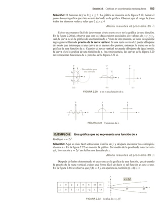 Sección 2.5 Gráficas en coordenadas rectangulares 105
Solución: El dominio de f es 0 ≤ x ≤ 7. La gráfica se muestra en la figura 2.19, donde el
punto hueco significa que éste no está incluido en la gráfica. Observe que el rango de f son
todos los números reales y tales que 0 ≤ y ≤ 4.
Ahora resuelva el problema 35 v
Existe una manera fácil de determinar si una curva es o no la gráfica de una función.
En la figura 2.20(a), observe que con la x dada existen asociados dos valores de y: y1 y y2.
Así, la curva no es la gráfica de una función de x. Visto de otra manera, se tiene la siguiente
regla general llamada prueba de la recta vertical. Si una recta vertical L puede dibujarse
de modo que interseque a una curva en al menos dos puntos, entonces la curva no es la
gráfica de una función de x. Cuando tal recta vertical no puede dibujarse de igual modo,
la curva sí es la gráfica de una función de x. En consecuencia, las curvas de la figura 2.20
no representan funciones de x, pero las de la figura 2.21 sí.
EJEMPLO 8 Una gráfica que no representa una función de x
Grafique x = 2y2.
Solución: Aquí es más fácil seleccionar valores de y y después encontrar los correspon-
dientes a x. En la figura 2.22 se muestra la gráfica. Por medio de la prueba de la recta verti-
cal, la ecuación x = 2y2 no define una función de x.
Ahora resuelva el problema 39 v
Después de haber determinado si una curva es la gráfica de una función, quizá usando
la prueba de la recta vertical, existe una forma fácil de decir si tal función es uno a uno.
En la figura 2.16 se observa que f(4) = 3 y, en apariencia, también f(−4) = 3.
FIGURA 2.22 Gráfica de x = 2y2.
FIGURA 2.20 y no es una función de x.
y
x
L
x
x
y
y
y1
y2
L
x
Dos salidas para
una entrada
(a) (c)
(b)
FIGURA 2.21 Funciones de x.
y
x
y
x
y
x
10 20
1
3
y
x
x  2y2
18 18
2
0 2 8 8
2 3 3
0
y 1 1 2
x
 
