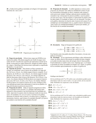 Sección 2.5 Gráficas en coordenadas rectangulares 107
40. ¿Cuáles de las gráficas mostradas en la figura 2.26 representan
funciones de x uno a uno?
44. Programa de demanda La tabla siguiente se conoce como
programa de demanda. Éste indica la cantidad de la marca X que
los consumidores demandan (es decir, compran) cada semana a
cierto precio por unidad. Grafique cada par precio-cantidad selec-
cionando el eje vertical para los precios posibles y una los puntos
con una curva suave. De esta manera, se aproximan los puntos entre
los datos dados. El resultado se llama curva de demanda. Con base
en la gráfica, determine la relación entre el precio de la marca X y la
cantidad que será demandada (esto es, cuando el precio disminuye,
¿qué le pasa a la cantidad demandada?) El precio por unidad, ¿es
una función de la cantidad demandada?
Cantidad demandada, q Precio por unidad, p
5 $20
10 10
5
0
2
4
5
2
45. Inventario Haga un bosquejo de la gráfica de
y = f (x) =



−100x + 1000 si 0 ≤ x  7
−100x + 1700 si 7 ≤ x  14
−100x + 2400 si 14 ≤ x  21
Una función como ésta podría describir el inventario y de una com-
pañía en el tiempo x.
46. Psicología En un experimento psicológico sobre información
visual, un sujeto observó brevemente un arreglo de letras, después
se le pidió recordar tantas letras del arreglo como le fuese posible.
El procedimiento se repitió varias veces. Suponga que y es el núme-
ro promedio de letras recordadas de arreglos con x letras. La gráfica
de los resultados aproximadamente se ajusta a la gráfica de
y = f (x) =



x si 0 ≤ x ≤ 4
1
2
x + 2 si 4  x ≤ 5
4.5 si 5  x ≤ 12
Grafique esta función.5
En los problemas del 47 al 50, utilice una calculadora gráfica para
determinar todas las raíces reales, si es que existen, de la ecuación
dada. Redondee las respuestas a dos decimales.
47. 5x3
+ 7x = 3
48. x2
(x − 3) = 2x4
− 1
49. (9x + 3.1)2
= 7.4 − 4x2
50. (x − 2)3
= x2
− 3
En los problemas del 51 al 54, utilice una calculadora gráfica para
determinar todas las intersecciones x de la gráfica de la función
dada. Redondee las respuestas a dos decimales.
51. f (x) = x3
+ 5x + 7
52. f (x) = 2x4
− 1.5x3
+ 2
53. g(x) = x4
− 1.7x2
+ 2x
54. g(x) =
√
3x5
− 4x2
+ 1
41. Pagos de una deuda Allison tiene cargos por $9200 en sus
tarjetas de crédito. Ella planea pagarlos por medio de pagos men-
suales de $325. Escriba una ecuación que represente el monto de la
deuda, excluyendo los cargos financieros, después de haber realiza-
do x pagos e identifique las intersecciones explicando su significado
financiero, si es que existe.
42. Fijación de precios Para alentar un flujo constante de
clientes, un restaurante varía el precio de un platillo a lo largo del
día. De 6 p.m. a 8 p.m., los clientes pagan el precio completo. En el
almuerzo, de 10:30 a.m. a las 2:30 p.m., los clientes pagan la mitad
del precio. De 2:30 p.m. a las 4:30 p.m., los clientes obtienen un
dólar de descuento sobre el precio del almuerzo. De 4:30 p.m. a las
6 p.m., los clientes obtienen $5.00 de ahorro con respecto al precio
de la cena. De 8 p.m. al cierre, a las 10 p.m., los clientes obtienen
$5.00 de ahorro con respecto al precio de la cena. Grafique la fun-
ción definida por partes para representar el costo de un platillo a lo
largo del día para un precio de cena de $18.
43. Programa de oferta Dado el siguiente programa de oferta
(vea el ejemplo 6 de la sección 2.1), grafique cada pareja canti-
dad-precio seleccionando el eje horizontal para las cantidades po-
sibles. Aproxime los puntos entre los datos por medio de una curva
suave. El resultado es la curva de oferta. Con base en la gráfica,
determine la relación entre el precio y la oferta (esto es, cuando se
incrementa el precio, ¿qué le pasa a la cantidad ofrecida?) ¿El precio
por unidad es una función de la cantidad ofrecida?
Cantidad ofrecida por semana, q Precio por unidad, p
0
1
$
0
3
0
2
0
0
1
0
3
0
5
1
0
4
0
9
1
0
5
0
1
2
FIGURA 2.26 Diagrama para el problema 40.
5Adaptado de G. R. Loftus y E. F. Loftus, Human Memory: The Processing
of Information (Nueva York: Lawrence Erlbaum Associates, Inc., distribuido
por Halsted Press. División de John Wiley  Sons, Inc., 1976).
y
x
(a)
y
(b)
y
x
(c)
y
x
(d)
 