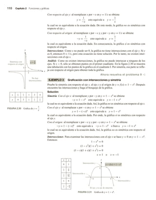 110 Capítulo 2 Funciones y gráficas
Con respecto al eje y: al reemplazar x por −x en y = 1/x se obtiene
y =
1
−x
esto equivale a y = −
1
x
la cual no es equivalente a la ecuación dada. De este modo, la gráfica no es simétrica con
respecto al eje y.
Con respecto al origen: al reemplazar x por −x y y por −y en y = 1/x se obtiene
−y =
1
−x
esto equivale a y =
1
x
la cual es equivalente a la ecuación dada. En consecuencia, la gráfica sí es simétrica con
respecto al origen.
Intersecciones Como x no puede ser 0, la gráfica no tiene intersecciones con el eje y. Si y
es 0, entonces 0 = 1/x, pero esta ecuación no tiene solución. Por lo tanto, no existen inter-
secciones con el eje x.
Análisis Como no existen intersecciones, la gráfica no puede intersecar a ninguno de los
ejes. Si x  0, sólo se obtienen puntos en el primer cuadrante. En la figura 2.30 se muestra
una tabulación con los puntos de la gráfica en el cuadrante I. Por simetría, esa parte se refle-
ja con respecto al origen para obtener toda la gráfica.
Ahora resuelva el problema 9 v
EJEMPLO 3 Graficación con intersecciones y simetría
Pruebe la simetría con respecto al eje x, al eje y y al origen de y = f(x) = 1 − x4. Después
encuentre las intersecciones y haga el bosquejo de la gráfica.
Solución:
Simetría Con el eje x: al reemplazar y por −y en y = 1 — x4 se obtiene
−y = 1 − x4 esto equivale a y = −1 + x4
la cual no es equivalente a la ecuación dada.Así, la gráfica no es simétrica con respecto al eje x.
Con el eje y: al reemplazar x por −x en y = 1 − x4 se obtiene
y = 1 − (−x)4 esto equivale a y = 1 − x4
la cual es equivalente a la ecuación dada. Por ende, la gráfica sí es simétrica con respecto
al eje y.
Con el origen: al reemplazar x por −x y y por −y en y = 1 − x4 se obtiene
−y = 1 − (−x)4 esto equivale a −y = 1 – x4 o bien a y = −1 + x4
lo cual no es equivalente a la ecuación dada. Así, la gráfica no es simétrica con respecto al
origen.
Intersecciones Para examinar las intersecciones con el eje x se hace y = 0 en y = 1 — x4.
Entonces
1 − x4
= 0
(1 − x2
)(1 + x2
) = 0
(1 − x)(1 + x)(1 + x2
) = 0
x = 1 o x = −1
FIGURA 2.30 Gráfica de y =
1
x
.
y 
x
y
1
1
4 2 1
y
2 4
1
x
1
x
Simétrica con
respecto al origen
No hay
intersecciones
1
2
1
4
1
4
1
2
FIGURA 2.31 Gráfica de y = 1 − x4.
0 1
y
0
1
x
x
y
y  f(x)  1  x4
1 1
1
1
2
3
4
3
2
15
16
175
256
65
16
Intersección y
Intersección x
Intersección x
El eje y es eje de simetría
 
