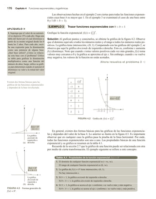 176 Capítulo 4 Funciones exponenciales y logarítmicas
Las observaciones hechas en el ejemplo 2 son ciertas para todas las funciones exponen-
ciales cuya base b es mayor que 1. En el ejemplo 3 se examinará el caso de una base entre
0 y 1 (0  b  1).
EJEMPLO 3 Trazar funciones exponenciales con 0  b  1
Grafique la función exponencial f (x) = 1
2
x
.
Solución: Al graficar puntos y conectarlos, se obtiene la gráfica de la figura 4.2. Observe
que el dominio equivale a todos los números reales y el rango a todos los números reales po-
sitivos. La gráfica tiene intersección y (0, 1). Comparando con las gráficas del ejemplo 2, se
observa que aquí la gráfica desciende de izquierda a derecha. Esto es, conforme x aumenta
f(x) disminuye. Note que cuando x toma valores positivos cada vez más grandes, f(x) toma
valores muy cercanos a 0 y la gráfica se aproxima al eje x. Sin embargo, cuando x se vuelve
muy negativa, los valores de la función no están acotados.
Ahora resuelva el problema 3 v
Existen dos formas básicas para las
gráficas de las funciones exponenciales
y dependen de la base involucrada.
APLÍQUELO u
1. Suponga que el valor de un automó-
vil se deprecia 15% cada año. Haga una
tabla del factor por el cual disminuye a
partir de su monto original desde los 0
hasta los 3 años. Para cada año, escri-
ba una expresión para la disminución
como una potencia de alguna base.
¿Qué base utilizó? ¿Cómo se relacio-
na esta base con el problema? Utilice
su tabla para graficar la disminución
multiplicativa como una función del
número de años; luego, utilice su gráfi-
ca para determinar cuándo el automóvil
disminuye su valor a la mitad del valor
original.
En general, existen dos formas básicas para las gráficas de las funciones exponencia-
les y dependen del valor de la base b. Lo anterior se ilustra en la figura 4.3. Es importante
observar que en cualquier caso la gráfica pasa la prueba de la línea horizontal. Por ende,
todas las funciones exponenciales son uno a uno. Las propiedades básicas de una función
exponencial y su gráfica se resumen en la tabla 4.1.
Recuerde de la sección 2.7 que la gráfica de una función puede ser relacionada con otra
por medio de cierta transformación. El ejemplo siguiente se refiere a este concepto.
Tabla 4.1 Propiedades de la función exponencial f (x) = bx
1. El dominio de cualquier función exponencial es (−∞, ∞).
El rango de cualquier función exponencial es (0, ∞).
2. La gráfica de tiene intersección y (0, 1).
f (x) = bx
No hay intersección x.
3. Si la gráfica asciende de izquierda a derecha.
b  1,
Si 0 b  1, la gráfica desciende de izquierda a derecha.
4. Si b  1, la gráfica se acerca al eje x conforme x se vuelve más y más negativa.
Si 0 b  1, la gráfica se acerca al eje x conforme x se vuelve más y más positiva.
FIGURA 4.3 Formas generales de
f(x) = bx.
FIGURA 4.2 Gráfica de f (x) = 1
2
x
.
x
x
0
1
2
1
2
4
8
1 2
1
2
4
8
x
y
2
1
2
1
4
1
2
1
x
1
(a)
La gráfica
asciende de
izquierda a
derecha
x
y
1
(b)
La gráfica
desciende de
izquierda a
derecha
x
y
 