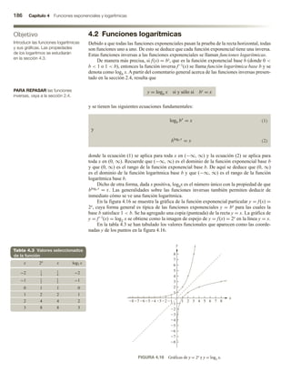186 Capítulo 4 Funciones exponenciales y logarítmicas
4.2 Funciones logarítmicas
Debido a que todas las funciones exponenciales pasan la prueba de la recta horizontal, todas
son funciones uno a uno. De esto se deduce que cada función exponencial tiene una inversa.
Estas funciones inversas a las funciones exponenciales se llaman funciones logarítmicas.
De manera más precisa, si f(x) = bx, que es la función exponencial base b (donde 0 
b  1 o 1  b), entonces la función inversa f−1(x) se llama función logarítmica base b y se
denota como logb x. A partir del comentario general acerca de las funciones inversas presen-
tado en la sección 2.4, resulta que
y = logb x si y sólo si by = x
y se tienen las siguientes ecuaciones fundamentales:
logb bx
= x (1)
y
blogb x
= x (2)
donde la ecuación (1) se aplica para toda x en (−∞, ∞) y la ecuación (2) se aplica para
toda x en (0, ∞). Recuerde que (−∞, ∞) es el dominio de la función exponencial base b
y que (0, ∞) es el rango de la función exponencial base b. De aquí se deduce que (0, ∞)
es el dominio de la función logarítmica base b y que (−∞, ∞) es el rango de la función
logarítmica base b.
Dicho de otra forma, dada x positiva, logbx es el número único con la propiedad de que
blogb x
= x. Las generalidades sobre las funciones inversas también permiten deducir de
inmediato cómo se ve una función logarítmica.
En la figura 4.16 se muestra la gráfica de la función exponencial particular y = f(x) =�
2x, cuya forma general es típica de las funciones exponenciales y = bx para las cuales la
base b satisface 1  b. Se ha agregado una copia (punteada) de la recta y = x. La gráfica de
y = f−1(x) = log2 x se obtiene como la imagen de espejo de y = f(x) = 2x en la línea y = x.
En la tabla 4.3 se han tabulado los valores funcionales que aparecen como las coorde-
nadas y de los puntos en la figura 4.16.
87654321 1 3
2 4 5 8
7
6
8
6
5
7
4
3
2
1
1
2
3
4
5
6
7
8
y
x
FIGURA 4.16 Gráficas de y = 2x y y = log2 x.
Objetivo
Introducir las funciones logarítmicas
y sus gráficas. Las propiedades
de los logaritmos se estudiarán
en la sección 4.3.
PARA REPASAR las funciones
inversas, vaya a la sección 2.4.
Tabla 4.3 Valores seleccionados
de la función
x 2x x log2 x
−2 1
4
1
4
−2
−1 1
2
1
2
−1
0 1 1 0
1 2 2 1
2 4 4 2
3 8 8 3
 