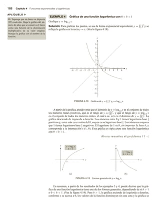 188 Capítulo 4 Funciones exponenciales y logarítmicas
EJEMPLO 4 Gráfica de una función logarítmica con 0  b  1
Grafique y = log1/2 x.
Solución: Para graficar los puntos, se usa la forma exponencial equivalente y = 1
2
x
y se
refleja la gráfica en la recta y = x. (Vea la figura 4.18).
APLÍQUELO u
11. Suponga que un barco se deprecia
20% cada año. Haga la gráfica del nú-
mero de años que se conserva el barco
como una función de la disminución
multiplicativa de su valor original.
Marque la gráfica con el nombre de la
función.
FIGURA 4.18 Gráficas de y = 1
2
x
y y = log1/2 x
A partir de la gráfica, puede verse que el dominio de y = log1/2 x es el conjunto de todos
los números reales positivos, que es el rango de y = 1
2
x
, y que el rango de y = log1/2 x
es el conjunto de todos los números reales, el cual a su vez es el dominio de y = 1
2
x
. La
gráfica desciende de izquierda a derecha. Los números entre 0 y 1 tienen logaritmos base 1
2
positivos y, entre más cerca están del 0, mayor es su logaritmo base 1
2
. Los números mayores
que 1 tienen logaritmos base 1
2
negativos. El logaritmo de 1 es 0, sin importar la base b, y
corresponde a la intersección x (1, 0). Esta gráfica es típica para una función logarítmica
con 0  b  1.
Ahora resuelva el problema 11 v
FIGURA 4.19 Formas generales de y = logb x.
En resumen, a partir de los resultados de los ejemplos 3 y 4, puede decirse que la grá-
fica de una función logarítmica tiene una de dos formas generales, dependiendo de si b  1
o 0  b  1. (Vea la figura 4.19). Para b  1, la gráfica asciende de izquierda a derecha;
conforme x se acerca a 0, los valores de la función disminuyen sin una cota y la gráfica se
6 5 4 3 2 1 1 2 3 4 5 6
6
5
4
3
2
1
1
2
3
4
5
6
y
x
y
x
y
x
1
(a)
1
y  logb x,
0  b  1
y  logb x,
b  1
(b)
 