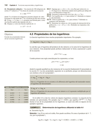 192 Capítulo 4 Funciones exponenciales y logarítmicas
64. Decaimiento radiactivo Una muestra de 100 miligramos de
actinio 277 radiactivo (227Ac) decae de acuerdo con la ecuación
N = 100e−0.03194t
donde N es el número de miligramos presentes después de t años.
Encuentre la vida media del 227Ac a la décima de año más cercana.
65. Si logy x = 3 y logz x = 2, encuentre una fórmula para z como
una función explícita que dependa sólo de y.
66. Despeje a y como una función explícita de x si
x + 3e2y − 8 = 0
Objetivo
Estudiar las propiedades básicas
de las funciones logarítmicas.
67. Suponga que y = f(x) = x ln x. (a) ¿Para qué valores de x es
y  0? (Sugerencia: Determine cuándo está la gráfica por debajo del
eje x). (b) Determine el rango de f.
68. Encuentre la intersección con el eje x de y = x3 ln x.
69. Use la gráfica de y = ex para estimar ln 3. Redondee su respues-
ta a dos decimales.
70. Utilice la gráfica de y = ln x para estimar e2. Redondee su
respuesta a dos decimales.
71. Determine los valores en x de los puntos de intersección de las
gráficas de y = (x − 2)2 y y = ln x. Redondee sus respuestas a dos
decimales.
4.3 Propiedades de los logaritmos
La función logarítmica tiene muchas propiedades importantes. Por ejemplo,
1. logb(mn) = logb m + logb n
la cual dice que el logaritmo del producto de dos números es la suma de los logaritmos de
esos números. Esta propiedad puede probarse deduciendo la forma exponencial a partir
de la ecuación:
blogb m+logb n
= mn
Usando primero una regla conocida para los exponentes, se tiene
blogb m+logb n
= blogb m
blogb n
= mn
donde la segunda igualdad usa dos instancias de la ecuación fundamental (2) presentada en
la sección 4.2. Las dos propiedades siguientes no se probarán, porque sus demostraciones
son similares a las de la propiedad 1.
2. logb
m
n
= logb m − logb n
Esto es, el logaritmo de un cociente es la diferencia del logaritmo del numerador menos
el logaritmo del denominador.
3. logb mr = r logb m
Esto es, el logaritmo de una potencia de un número es el exponente multiplicado por el
logaritmo del número.
En la tabla 4.4 se dan los valores de algunos logaritmos comunes. La mayoría de las
entradas son aproximadas. Por ejemplo, log 4 ≈ 0.6021, que significa 100.6021 ≈ 4. Para
ilustrar el uso de las propiedades de los logaritmos, se usará esta tabla en algunos de los
ejemplos siguientes.
EJEMPLO 1 Determinación de logaritmos utilizando la tabla 4.4
a. Encuentre log 56.
Solución: Log 56 no está en la tabla. Pero puede escribirse 56 como el producto de 8 ∙ 7.
Así, por la propiedad 1,
log 56 = log(8 ∙ 7) = log 8 + log 7 ≈ 0.9031 + 0.8451 = 1.7482
Tabla 4.4 Logaritmos comunes
x log x x log x
2 0.3010 7 0.8451
3 0.4771 8 0.9031
4 0.6021 9 0.9542
5 0.6990 10 1.0000
6 0.7782 e 0.4343
 