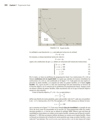 300 Capítulo 7 Programación lineal
La utilidad es una función de x y y, está dada por la función de utilidad
P = 4x + 6y
En resumen, se desea maximizar la función objetivo
P = 4x + 6y (1)
sujeta a las condiciones de que x y y deben ser soluciones del sistema de restricciones:
(2)
(3)
(4)
(5)
2x + y ≤ 180
x + 2y ≤ 160
x + y ≤ 100
x ≥ 0













y ≥ 0 (6)
Por lo tanto, se tiene un problema de programación lineal. Las restricciones (5) y (6) se
llaman condiciones de no negatividad. La región que satisface de manera simultánea las
restricciones (2) a (6) no está sombreada en la figura 7.12. Cada punto de esta región re-
presenta un punto factible y al conjunto de todos los puntos factibles se le llama región
factible. Así, región factible es sólo otra terminología útil para denominar el dominio de
la función objetivo en el contexto de los problemas de programación lineal. Aunque existe
un número infinito de puntos factibles, debe encontrarse uno en el que la función objetivo
asuma un valor máximo.
Como la función objetivo, P = 4x + 6y, es equivalente a
y = −
2
3
x +
P
6
define una familia de rectas paralelas, para cada posible valor de P, cada una con pendien-
te de −2/3 e intersección y (0, P/6). Por ejemplo, si P = 600, entonces se obtiene la recta
y = −
2
3
x + 100
que se muestra en la figura 7.13. Esta recta, llamada línea de isoutilidad, es ejemplo de una
curva de nivel como las presentadas en la sección 2.8. Ésta proporciona todas las combi-
naciones posibles (x, y) con las que se obtiene la utilidad, $600. Observe que esta línea de
isoutilidad no tiene puntos en común con la región factible, mientras que la línea de isoutili-
dad para P = 300 tiene un número infinito de puntos en común con la región factible. Ahora
se buscará un elemento de la familia de rectas paralelas que tenga un punto factible y cuyo
valor de P sea máximo. Éste será la recta cuya intersección y sea la más lejana del origen
2x  y  180
x  y  100
x  2y  160
x (Manual)
y
40 80 120 160
40
80
120
160
0
A
B
C
D
E
Región
factible
(Eléctrico)
FIGURA 7.12 Región factible.
 
