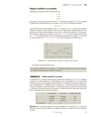 Sección 7.2 Programación lineal 303
Región factible no acotada
Suponga que la región factible está definida por:
y = 2
x ≥ 0
Z ≥ 0
Esta región es la parte de la recta horizontal y = 2 indicada en la figura 7.16. Como la región
no puede estar contenida dentro de un círculo, es no acotada. Considere maximizar
Z = x + y
sujeta a las restricciones precedentes. Como y = 2, entonces Z = x + 2. Es claro que cuando x
aumenta sin límite, lo hace también Z. Por lo tanto, ningún punto factible maximiza Z, de
modo que no existe solución óptima. En este caso, se dice que la solución es “no acotada”.
Por otra parte, suponga que se quiere minimizar Z = x + y sobre la misma región. Como
Z = x + 2, será mínima cuando x sea lo más pequeña posible, esto es, cuando x = 0. Esto da
un valor mínimo de Z = x + y = 0 + 2 = 2, y la solución óptima es el vértice (0, 2).
FIGURA 7.16 Región factible no acotada en la que Z no tiene máximo.
4 8 12
Z  6
Z  2
Z  14
Z  10
Z  x  y  x  2
x
y
Región factible
no acotada
(0, 2)
En general, puede demostrarse que:
Si una región factible es no acotada, y si la función objetivo tiene un valor máximo
(o mínimo), entonces el valor ocurre en un vértice.
EJEMPLO 3 Región factible no acotada
Un agricultor va a comprar fertilizante que contiene tres nutrientes: A, B y C. Los mínimos
necesarios son 160 unidades de A, 200 unidades de B y 80 unidades de C. En el mercado
existen dos marcas muy aceptadas de fertilizantes. Crece Rápido cuesta $8 una bolsa, con-
tiene 3 unidades de A, 5 unidades de B y 1 unidad de C. Crece Fácil cuesta $6 cada bolsa y
contiene 2 unidades de cada nutrimento. Si el agricultor desea minimizar el costo mientras
se satisfacen los requerimientos de nutrimentos, ¿cuántas bolsas de cada marca debe com-
prar? La información se resume como sigue:
Crece Rápido Crece Fácil Unidades requeridas
C
B
80
200
160
A
2 unidades
2 unidades
2 unidades
$6
1 unidad
5 unidades
3 unidades
$8
Costo por bolsa
Solución: Sea x el número de bolsas de Crece Rápido que se comprarán y y el número de
bolsas de Crece Fácil que también se comprarán. Entonces, se desea minimizar la función
de costo
C = 8x + 6y (7)
 