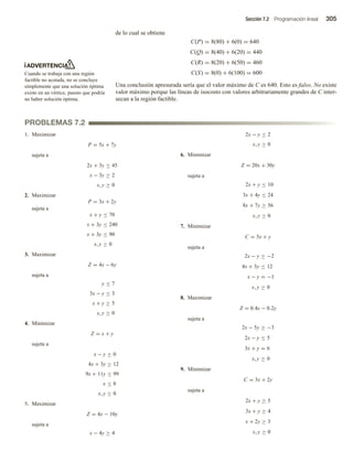 Sección 7.2 Programación lineal 305
de lo cual se obtiene
C(P) = 8(80) + 6(0) = 640
C(Q) = 8(40) + 6(20) = 440
C(R) = 8(20) + 6(50) = 460
C(S) = 8(0) + 6(100) = 600
Una conclusión apresurada sería que el valor máximo de C es 640. Esto es falso. No existe
valor máximo porque las líneas de isocosto con valores arbitrariamente grandes de C inter-
secan a la región factible.
ADVERTENCIA
Cuando se trabaja con una región
factible no acotada, no se concluye
simplemente que una solución óptima
existe en un vértice, puesto que podría
no haber solución óptima.
PROBLEMAS 7.2
1. Maximizar
P = 5x + 7y
sujeta a
2x + 3y ≤ 45
x − 3y ≥ 2
x, y ≥ 0
2. Maximizar
P = 3x + 2y
sujeta a
x + y ≤ 70
x + 3y ≤ 240
x + 3y ≤ 90
x, y ≥ 0
3. Maximizar
Z = 4x − 6y
sujeta a
y ≤ 7
3x − y ≤ 3
x + y ≥ 5
x, y ≥ 0
4. Minimizar
Z = x + y
sujeta a
x − y ≥ 0
4x + 3y ≥ 12
9x + 11y ≤ 99
x ≤ 8
x, y ≥ 0
5. Maximizar
Z = 4x − 10y
sujeta a
x − 4y ≥ 4
2x − y ≤ 2
x, y ≥ 0
6. Minimizar
Z = 20x + 30y
sujeta a
2x + y ≤ 10
3x + 4y ≤ 24
8x + 7y ≥ 56
x, y ≥ 0
7. Minimizar
C = 5x + y
sujeta a
2x − y ≥ −2
4x + 3y ≤ 12
x − y = −1
x, y ≥ 0
8. Maximizar
Z = 0.4x − 0.2y
sujeta a
2x − 5y ≥ −3
2x − y ≤ 5
3x + y = 6
x, y ≥ 0
9. Minimizar
C = 3x + 2y
sujeta a
2x + y ≥ 5
3x + y ≥ 4
x + 2y ≥ 3
x, y ≥ 0
 