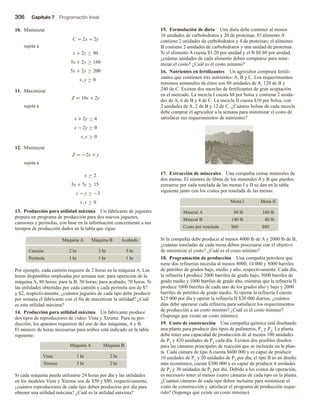 306 Capítulo 7 Programación lineal
10. Minimizar
C = 2x + 2y
sujeta a
x + 2y ≥ 80
3x + 2y ≥ 160
5x + 2y ≥ 200
x, y ≥ 0
11. Maximizar
Z = 10x + 2y
sujeta a
x + 2y ≥ 4
x − 2y ≥ 0
x, y ≥ 0
12. Minimizar
Z = −2x + y
sujeta a
x ≥ 2
3x + 5y ≥ 15
x − y ≥ −3
x, y ≥ 0
13. Producción para utilidad máxima Un fabricante de juguetes
prepara un programa de producción para dos nuevos juguetes,
camiones y perinolas, con base en la información concerniente a sus
tiempos de producción dados en la tabla que sigue:
Máquina A Máquina B Acabado
2 hr 3 hr 5 hr
Camión
1 hr 1 hr 1 hr
Perinola
Por ejemplo, cada camión requiere de 2 horas en la máquina A. Las
horas disponibles empleadas por semana son: para operación de la
máquina A, 80 horas; para la B, 50 horas; para acabado, 70 horas. Si
las utilidades obtenidas por cada camión y cada perinola son de $7
y $2, respectivamente, ¿cuántos juguetes de cada tipo debe producir
por semana el fabricante con el fin de maximizar la utilidad? ¿Cuál
es esta utilidad máxima?
14. Producción para utilidad máxima Un fabricante produce
dos tipos de reproductores de video: Vista y Xtreme. Para su pro-
ducción, los aparatos requieren del uso de dos máquinas, A y B.
El número de horas necesarias para ambos está indicado en la tabla
siguiente:
Máquina A Máquina B
Vista 1 hr 2 hr
Xtreme 3 hr 2 hr
Si cada máquina puede utilizarse 24 horas por día y las utilidades
en los modelos Vista y Xtreme son de $50 y $80, respectivamente,
¿cuántos reproductores de cada tipo deben producirse por día para
obtener una utilidad máxima? ¿Cuál es la utilidad máxima?
15. Formulación de dieta Una dieta debe contener al menos
16 unidades de carbohidratos y 20 de proteínas. El alimento A
contiene 2 unidades de carbohidratos y 4 de proteínas; el alimento
B contiene 2 unidades de carbohidratos y una unidad de proteínas.
Si el alimento A cuesta $1.20 por unidad y el B $0.80 por unidad,
¿cuántas unidades de cada alimento deben comprarse para mini-
mizar el costo? ¿Cuál es el costo mínimo?
16. Nutrientes en fertilizantes Un agricultor comprará fertili-
zantes que contienen tres nutrientes: A, B y C. Los requerimientos
mínimos semanales de éstos son 80 unidades de A, 120 de B y
240 de C. Existen dos mezclas de fertilizantes de gran aceptación
en el mercado. La mezcla I cuesta $8 por bolsa y contiene 2 unida-
des de A, 6 de B y 4 de C. La mezcla II cuesta $10 por bolsa, con
2 unidades de A, 2 de B y 12 de C. ¿Cuántas bolsas de cada mezcla
debe comprar el agricultor a la semana para minimizar el costo de
satisfacer sus requerimientos de nutrientes?
17. Extracción de minerales Una compañía extrae minerales de
dos menas. El número de libras de los minerales A y B que pueden
extraerse por cada tonelada de las menas I y II se dan en la tabla
siguiente junto con los costos por tonelada de las menas:
Mena I Mena II
80 lb 160 lb
Mineral A
140 lb 40 lb
Mineral B
$60 $80
Costo por tonelada
Si la compañía debe producir al menos 4000 lb de A y 2000 lb de B,
¿cuántas toneladas de cada mena deben procesarse con el objetivo
de minimizar el costo? ¿Cuál es el costo mínimo?
18. Programación de producción Una compañía petrolera que
tiene dos refinerías necesita al menos 8000, 14 000 y 5000 barriles
de petróleo de grados bajo, medio y alto, respectivamente. Cada día,
la refinería I produce 2000 barriles de grado bajo, 3000 barriles de
grado medio y 1000 barriles de grado alto, mientras que la refinería II
produce 1000 barriles de cada uno de los grados alto y bajo y 2000
barriles de petróleo de grado medio. Si operar la refinería I cuesta
$25 000 por día y operar la refinería II $20 000 diarios, ¿cuántos
días debe operarse cada refinería para satisfacer los requerimientos
de producción a un costo mínimo? ¿Cuál es el costo mínimo?
(Suponga que existe un costo mínimo).
19. Costo de construcción Una compañía química está diseñando
una planta para producir dos tipos de polímeros, P1 y P2. La planta
debe tener una capacidad de producción de al menos 100 unidades
de P1 y 420 unidades de P2 cada día. Existen dos posibles diseños
para las cámaras principales de reacción que se incluirán en la plan-
ta. Cada cámara de tipo A cuesta $600 000 y es capaz de producir
10 unidades de P1 y 20 unidades de P2 por día; el tipo B es un diseño
más económico, cuesta $300 000 y es capaz de producir 4 unidades
de P1 y 30 unidades de P2 por día. Debido a los costos de operación,
es necesario tener al menos cuatro cámaras de cada tipo en la planta.
¿Cuántas cámaras de cada tipo deben incluirse para minimizar el
costo de construcción y satisfacer el programa de producción reque-
rido? (Suponga que existe un costo mínimo).
 