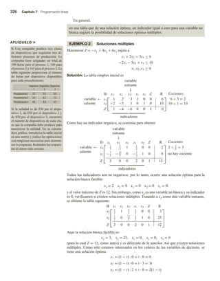 326 Capítulo 7 Programación lineal
En general,
en una tabla que da una solución óptima, un indicador igual a cero para una variable no
básica sugiere la posibilidad de soluciones óptimas múltiples.
EJEMPLO 2 Soluciones múltiples
Maximizar Z = −x1 + 4x2 + 6x3 sujeta a
x1 + 2x2 + 3x3 ≤ 6
−2x1 − 5x2 + x3 ≤ 10
x1, x2, x3 ≥ 0
Solución: La tabla simplex inicial es
variable
entrante
↓
variable
saliente
←


B x1 x2 x3 s1 s2 Z R
s1 1 2 3 1 0 0 6
s2 −2 −5 1 0 1 0 10
Z 1 −4 −6 0 0 1 0


Cocientes
6 ÷ 3 = 2
10 ÷ 1 = 10
indicadores
Como hay un indicador negativo, se continúa para obtener
variable
entrante
↓
variable
saliente
←




B x1 x2 x3 s1 s2 Z R
x3
1
3
2
3
1 1
3
0 0 2
s2 −7
3
−17
3
0 −1
3
1 0 8
Z 3 0 0 2 0 1 12




Cocientes
2 ÷ 2
3
= 3
no hay cociente
indicadores
Todos los indicadores son no negativos: por lo tanto, ocurre una solución óptima para la
solución básica factible:
x3 = 2 s2 = 8 x1 = 0 x2 = 0 s1 = 0
y el valor máximo de Z es 12. Sin embargo, como x2 es una variable no básica y su indicador
es 0, verificamos si existen soluciones múltiples. Tratando a x2 como una variable entrante,
se obtiene la tabla siguiente:




B x1 x2 x3 s1 s2 Z R
x2
1
2
1 3
2
1
2
0 0 3
s2
1
2
0 17
2
5
2
1 0 25
Z 3 0 0 2 0 1 12




Aquí la solución básica factible es:
x2 = 3, s2 = 25, x1 = 0, x3 = 0, s1 = 0
(para la cual Z = 12, como antes) y es diferente de la anterior. Así que existen soluciones
múltiples. Como sólo estamos interesados en los valores de las variables de decisión, se
tiene una solución óptima
x1 = (1 − t) · 0 + t · 0 = 0
x2 = (1 − t) · 0 + t · 3 = 3t
x3 = (1 − t) · 2 + t · 0 = 2(1 − t)
APLÍQUELO u
5. Una compañía produce tres clases
de dispositivos que requieren tres di-
ferentes procesos de producción. La
compañía tiene asignadas un total de
190 horas para el proceso 1, 180 para
el proceso 2 y 165 para el proceso 3. La
tabla siguiente proporciona el número
de horas por dispositivo disponibles
para cada procedimiento.
Dispositivo
1
Dispositivo
2
Dispositivo
3
5.5 5.5 6.5
3.5 6.5 7.5
4.5 6.0 6.5
Procedimiento 1
Procedimiento 2
Procedimiento 3
Si la utilidad es de $50 por el dispo-
sitivo 1, de $50 por el dispositivo 2 y
de $50 por el dispositivo 3, encuentre
el número de dispositivos de cada cla-
se que la compañía debe producir para
maximizar la utilidad. En su calcula-
dora gráfica, introduzca la tabla inicial
en una matriz y realice las operaciones
con renglones necesarias para determi-
nar la respuesta. Redondee las respues-
tas al entero más cercano.
 