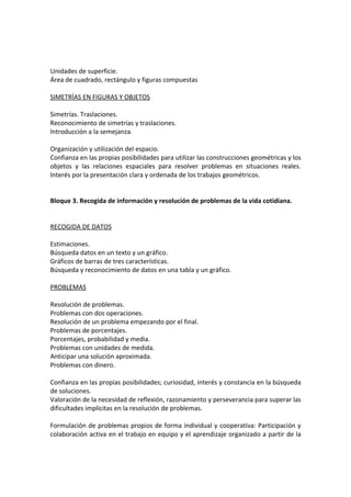 Unidades de superficie.
Área de cuadrado, rectángulo y figuras compuestas
SIMETRÍAS EN FIGURAS Y OBJETOS
Simetrías. Traslaciones.
Reconocimiento de simetrías y traslaciones.
Introducción a la semejanza.
Organización y utilización del espacio.
Confianza en las propias posibilidades para utilizar las construcciones geométricas y los
objetos y las relaciones espaciales para resolver problemas en situaciones reales.
Interés por la presentación clara y ordenada de los trabajos geométricos.
Bloque 3. Recogida de información y resolución de problemas de la vida cotidiana.
RECOGIDA DE DATOS
Estimaciones.
Búsqueda datos en un texto y un gráfico.
Gráficos de barras de tres características.
Búsqueda y reconocimiento de datos en una tabla y un gráfico.
PROBLEMAS
Resolución de problemas.
Problemas con dos operaciones.
Resolución de un problema empezando por el final.
Problemas de porcentajes.
Porcentajes, probabilidad y media.
Problemas con unidades de medida.
Anticipar una solución aproximada.
Problemas con dinero.
Confianza en las propias posibilidades; curiosidad, interés y constancia en la búsqueda
de soluciones.
Valoración de la necesidad de reflexión, razonamiento y perseverancia para superar las
dificultades implícitas en la resolución de problemas.
Formulación de problemas propios de forma individual y cooperativa: Participación y
colaboración activa en el trabajo en equipo y el aprendizaje organizado a partir de la
 