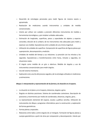 o

Desarrollo de estrategias personales para medir figuras de manera exacta y
aproximada.

o

Realización

de

mediciones

usando

instrumentos

y

unidades

de

medida

convencionales.
o

Interés por utilizar con cuidado y precisión diferentes instrumentos de medida y
herramientas tecnológicas, y por emplear unidades adecuadas.

o

Estimación de longitudes, superficies, pesos y capacidades de objetos y espacios
conocidos; elección de la unidad y de los instrumentos más adecuados para medir y
expresar una medida. Equivalencias entre unidades de una misma magnitud.

o

Utilización de unidades de superficie. Comparación de superficies de figuras planas por
superposición, descomposición y medición.

o

Unidades de medida del tiempo y sus relaciones. La precisión con los minutos y los
segundos. Equivalencias y transformaciones entre horas, minutos y segundos, en
situaciones reales.

o

El ángulo como medida de un giro o abertura. Medida de ángulos y uso de
instrumentos convencionales para medir ángulos.

o

Uso del sistema monetario.

o

Explicación oral y escrita del proceso seguido y de la estrategia utilizada en mediciones
y estimaciones.

Bloque 2. Interpretación y representación de las formas y la situación en el espacio.

o

La situación en el plano y en el espacio, distancias, ángulos y giros.

o

Ángulos en distintas posiciones. Sistema de coordenadas cartesianas. Descripción de
posiciones y movimientos por medio de coordenadas, distancias, ángulos, giros...

o

La representación elemental del espacio, escalas y gráficas sencillas. Utilización de
instrumentos de dibujo y programas informáticos para la construcción y exploración
de formas geométricas.

o

Formas planas y espaciales.

o

Relaciones entre lados y entre ángulos de un triángulo. Formación de figuras planas y
cuerpos geométricos a partir de otras por composición y descomposición. Interés por

 