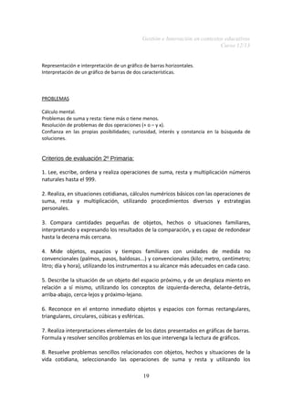Gestión e Innovación en contextos educativos
Curso 12/13
Representación e interpretación de un gráfico de barras horizontales.
Interpretación de un gráfico de barras de dos características.

PROBLEMAS
Cálculo mental.
Problemas de suma y resta: tiene más o tiene menos.
Resolución de problemas de dos operaciones (+ o – y x).
Confianza en las propias posibilidades; curiosidad, interés y constancia en la búsqueda de
soluciones.

Criterios de evaluación 2º Primaria:
1. Lee, escribe, ordena y realiza operaciones de suma, resta y multiplicación números
naturales hasta el 999.
2. Realiza, en situaciones cotidianas, cálculos numéricos básicos con las operaciones de
suma, resta y multiplicación, utilizando procedimientos diversos y estrategias
personales.
3. Compara cantidades pequeñas de objetos, hechos o situaciones familiares,
interpretando y expresando los resultados de la comparación, y es capaz de redondear
hasta la decena más cercana.
4. Mide objetos, espacios y tiempos familiares con unidades de medida no
convencionales (palmos, pasos, baldosas...) y convencionales (kilo; metro, centímetro;
litro; día y hora), utilizando los instrumentos a su alcance más adecuados en cada caso.
5. Describe la situación de un objeto del espacio próximo, y de un desplaza miento en
relación a sí mismo, utilizando los conceptos de izquierda-derecha, delante-detrás,
arriba-abajo, cerca-lejos y próximo-lejano.
6. Reconoce en el entorno inmediato objetos y espacios con formas rectangulares,
triangulares, circulares, cúbicas y esféricas.
7. Realiza interpretaciones elementales de los datos presentados en gráficas de barras.
Formula y resolver sencillos problemas en los que intervenga la lectura de gráficos.
8. Resuelve problemas sencillos relacionados con objetos, hechos y situaciones de la
vida cotidiana, seleccionando las operaciones de suma y resta y utilizando los
19

 