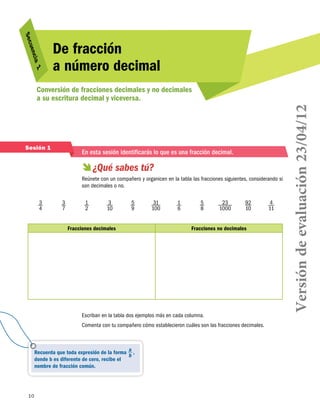 10
Secuencia 1
De fracción
a número decimal
Conversión de fracciones decimales y no decimales
a su escritura decimal y viceversa.
Sesión 1
En esta sesión identificarás lo que es una fracción decimal.
 ¿Qué sabes tú?
Reúnete con un compañero y organicen en la tabla las fracciones siguientes, considerando si
son decimales o no.
3
4
3
7
1
2
3
10
5
9
31
100
1
6
5
8
23
1000
92
10
4
11
Fracciones decimales Fracciones no decimales
Escriban en la tabla dos ejemplos más en cada columna.
Comenta con tu compañero cómo establecieron cuáles son las fracciones decimales.
Recuerda que toda expresión de la forma a
b
 ,
donde b es diferente de cero, recibe el
nombre de fracción común.
Versióndeevaluación23/04/12
 