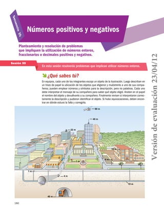 180
Planteamiento y resolución de problemas
que impliquen la utilización de números enteros,
fraccionarios o decimales positivos y negativos.
Secuencia 25
Números positivos y negativos
Sesión 99
En esta sesión resolverás problemas que implican utilizar números enteros.
 ¿Qué sabes tú?
En equipos, cada uno de los integrantes escoja un objeto de la ilustración. Luego describan en
un trozo de papel la ubicación de los objetos que eligieron y muéstrenlo a uno de sus compa-
ñeros; pueden emplear números y símbolos para la descripción, pero no palabras. Cada uno
debe interpretar el mensaje de su compañero para saber qué objeto eligió. Anoten en el papel
el nombre del objeto y devuélvanlo a su compañero. Finalmente revisen si interpretaron correc-
tamente la descripción y pudieron identificar el objeto. Si hubo equivocaciones, deben encon-
trar en dónde estuvo la falla y corregirla.
40 m
10 m
4 m
1 m
1 m
10 m
4 m
22 m
40 m
60 m
ESCUELA
Versióndeevaluación23/04/12
 