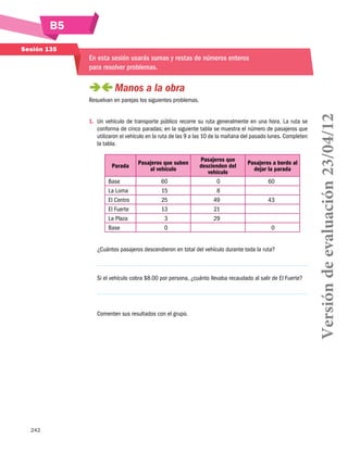 B5
242
Sesión 135
En esta sesión usarás sumas y restas de números enteros
para resolver problemas.
 Manos a la obra
Resuelvan en parejas los siguientes problemas.
1.	 Un vehículo de transporte público recorre su ruta generalmente en una hora. La ruta se
conforma de cinco paradas; en la siguiente tabla se muestra el número de pasajeros que
utilizaron el vehículo en la ruta de las 9 a las 10 de la mañana del pasado lunes. Completen
la tabla.
Parada
Pasajeros que suben
al vehículo
Pasajeros que
descienden del
vehículo
Pasajeros a bordo al
dejar la parada
Base 60 0 60
La Loma 15 8
El Centro 25 49 43
El Fuerte 13 21
La Plaza 3 29
Base 0 0
¿Cuántos pasajeros descendieron en total del vehículo durante toda la ruta?
Si el vehículo cobra $8.00 por persona, ¿cuánto llevaba recaudado al salir de El Fuerte?
Comenten sus resultados con el grupo.
Versióndeevaluación23/04/12
 