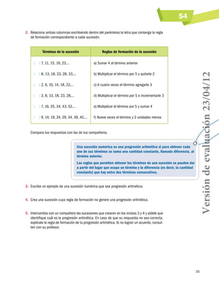 S4
35
2.	 Relaciona ambas columnas escribiendo dentro del paréntesis la letra que contenga la regla
de formación correspondiente a cada sucesión.
Términos de la sucesión Reglas de formación de la sucesión
(   ) 7, 11, 15, 19, 23,…
(   ) 8, 13, 18, 23, 28, 33,…
(   ) 2, 6, 10, 14, 18, 22,…
(   ) 3, 8, 13, 18, 23, 28,…
(   ) 7, 16, 25, 34, 43, 52,…
(   ) 9, 14, 19, 24, 29, 34, 39, 45,…
a) Sumar 4 al término anterior
b) Multiplicar el término por 5 y quitarle 2
c) A cuatro veces el término agregarle 3
d) Multiplicar el término por 5 e incrementarle 3
e) Multiplicar el término por 5 y sumar 4
f) Nueve veces el término y 2 unidades menos
Compara tus respuestas con las de tus compañeros.
3.	 Escribe un ejemplo de una sucesión numérica que sea progresión aritmética.
4.	 Crea una sucesión cuya regla de formación no genere una progresión aritmética.
5.	 Intercambia con un compañero las sucesiones que crearon en los incisos 3 y 4 y pídele que
identifique cuál es la progresión aritmética. En caso de que su respuesta no sea correcta,
explícale la regla de formación de tu progresión aritmética. Si no logran un acuerdo, consul-
ten con su profesor.
Una sucesión numérica es una progresión aritmética si para obtener cada
uno de sus términos se suma una cantidad constante, llamada diferencia, al
término anterior.
Las reglas que permiten obtener los términos de una sucesión se pueden dar
a partir del lugar que ocupa un término y la diferencia (es decir, la cantidad
constante) que hay entre dos términos consecutivos.
Versióndeevaluación23/04/12
 